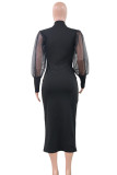 Zwarte casual print patchwork doorzichtige mesh halve lange coltrui-jurken