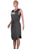 Темно-серый повседневный принт Бинты Лоскутное платье с карманом и V-образным вырезом без рукавов Платья больших размеров
