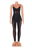 Black Sexy Solid Patchwork See-through Skull Spaghetti Strap Skinny Jumpsuits