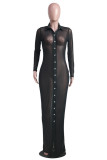 Black Sexy Solid Buttons See-through Turndown Collar Beach Dress Dresses