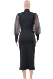 Zwarte casual print patchwork lange jurken met o-hals