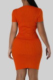 Оранжевые повседневные однотонные лоскутные платья-футляры с карманами и круглым вырезом
