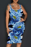 Синее повседневное базовое платье-майка с принтом и U-образным вырезом Платья