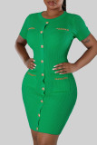 Groene casual effen patchwork zak-o-hals schede-jurken