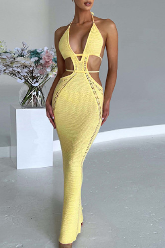 Vestido largo halter sin espalda con vendaje sólido sexy amarillo claro Vestidos