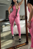 Rosa Sexy Spitzen-Patchwork-Backless-Cross-Riemen-Neckholder-Skinny-Jumpsuits