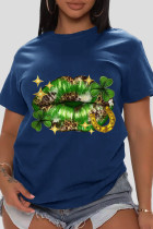 Camisetas con cuello en O de patchwork con estampado de calle azul marino