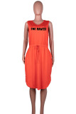 Оранжево-красная повседневная юбка с принтом в стиле пэчворк, карман с разрезом и V-образным вырезом, одна ступенька, платья больших размеров