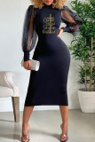 Zwarte casual print patchwork doorzichtige mesh halve lange coltrui-jurken
