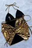 Gold Sexy Solid Bandage Backless Swimsuit Three Piece Set (With Paddings)