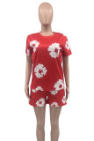 Red Sweet Street Floral Print Patchwork O Neck Short Sleeve Two Pieces T-shirt And Shorts Sets