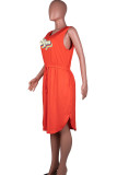 Oranjerood Casual print Patchwork Trekkoord Zak V-hals Mouwloos Grote maten jurken