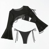 Schwarzer dreiteiliger Badeanzug mit sexy Print-Verband, durchsichtig, rückenfrei (mit Polsterung)