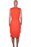 Оранжево-красная повседневная юбка с принтом в стиле пэчворк, карман с разрезом и V-образным вырезом, одна ступенька, платья больших размеров