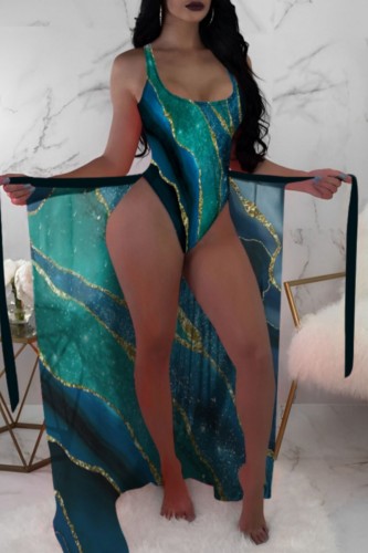Dunkelblaue, rückenfreie Badebekleidung mit Sexy-Print (mit Polsterungen)