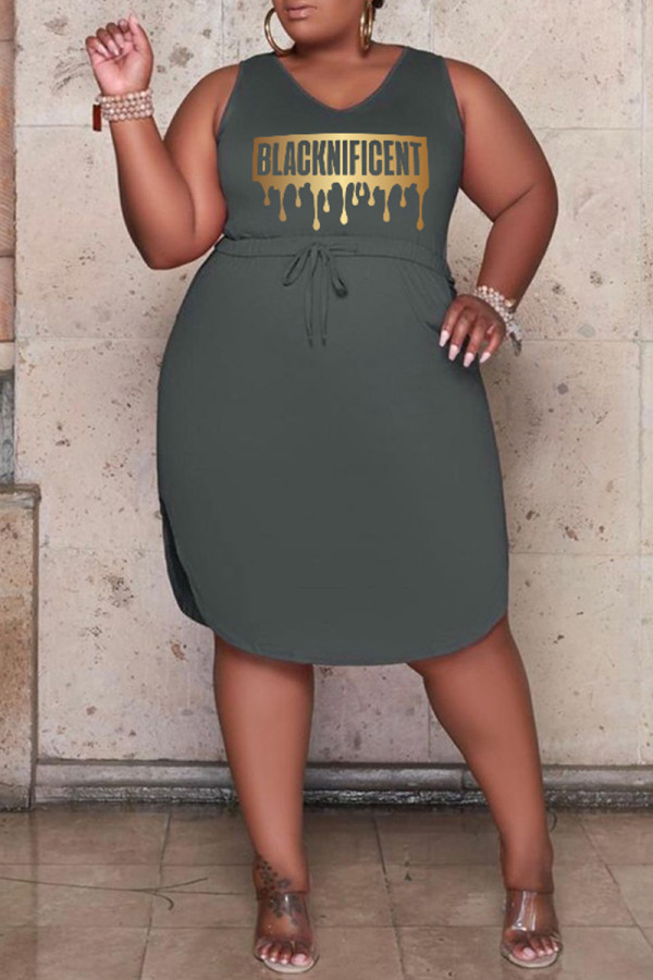 Dunkelgraues, lässiges Patchwork-Kleid mit Kordelzug und Tasche und V-Ausschnitt, ärmellos, Übergröße