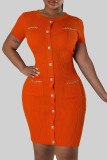 Robes fourreau orange décontractées unies en patchwork avec poches et col rond