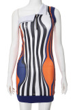 Multicolor Sweet Print Patchwork Dragkedja Asymmetrisk krage tryckta klänningar