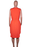 Orange-rotes, lässiges, bedrucktes, Bandage-Patchwork-Taschen-V-Ausschnitt, ärmelloses Kleid in Übergröße