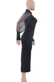 Vestidos largos con cuello alto y malla transparente con estampado informal negro