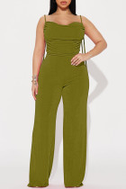 Green Yellow Sweet Solid Patchwork Fold Spaghetti Strap Regular Jumpsuits