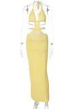Light Yellow Sexy Solid Bandage Backless Halter Long Dress Dresses