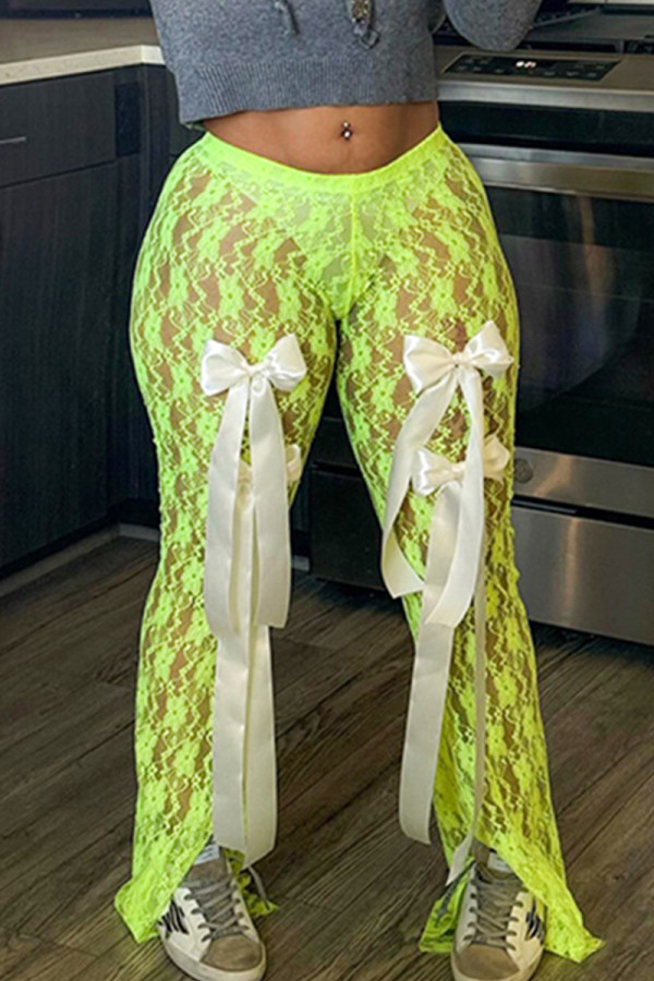 Green Street Patchwork-Hose aus einfarbiger Spitze mit durchsichtigem Schlitz und Schleife, Boot-Cut-Patchwork-Hose mit niedriger Taille und Lautsprecher