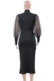Vestidos longos pretos com estampa casual patchwork malha transparente com decote em O