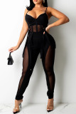 Black Sexy Solid Patchwork See-through Skull Spaghetti Strap Cami Skinny Jumpsuits