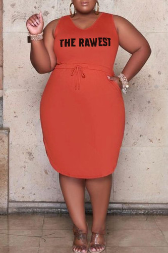 Orange Red Casual Print Bandage Patchwork Pocket Slit V Neck One Step Skirt Plus Size Dresses