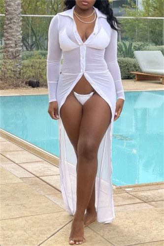 Vestido de playa con cuello vuelto transparente y botones sólidos sexy blanco Vestidos