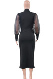 Черные повседневные лоскутные платья с принтом и прозрачной сеткой, длинные платья с половиной водолазки