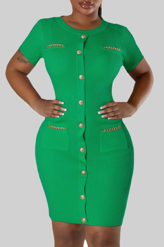 Green Casual Solid Patchwork Pocket O Neck Sheath Dresses