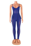 Blue Sexy Solid Patchwork See-through Skull Spaghetti Strap Cami Skinny Jumpsuits