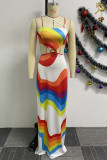 Multicolor Rainbow Casual Sweet Street Daily Elegant Mixed Contrast Halter Bodycon Maxi Dresses