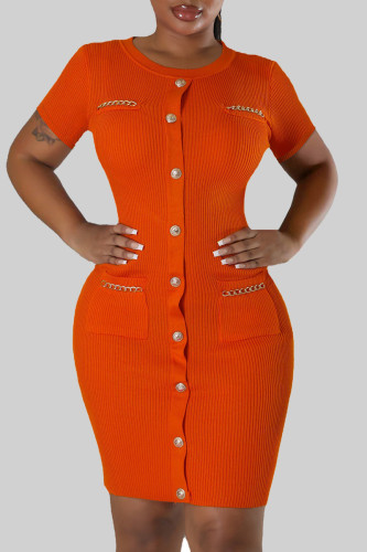 Orange Casual Solid Patchwork Pocket O Neck Sheath Dresses