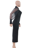 Vestidos largos con cuello alto y malla transparente con estampado informal negro