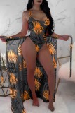 Cyan Sexy Print Backless Swimwears (With Paddings)