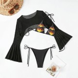 Black Sexy Print Bandage See-through Backless Swimsuit Three Piece Set (With Paddings)