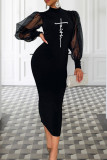Zwarte casual print patchwork lange jurken met o-hals