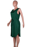 グリーン カジュアル プリント 包帯 パッチワーク ポケット スリット V ネック ワン ステップ スカート プラス サイズ ドレス