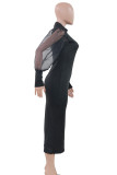 Черные повседневные лоскутные платья с принтом и прозрачной сеткой, длинные платья с половиной водолазки