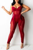 Burgundy Sexy Solid Patchwork See-through Skull Spaghetti Strap Cami Skinny Jumpsuits