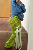 Green Street Solid Lace Patchwork See-through Slit With Bow Boot Cut Low Waist Speaker Patchwork Bottoms