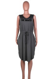 Темно-серая повседневная юбка с принтом в стиле пэчворк, карман с разрезом и V-образным вырезом, одна ступенька, платья больших размеров