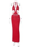 Red Sexy Solid Bandage Backless Halter Long Dress Dresses