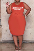 Оранжево-красный повседневный принт с принтом Бинты Лоскутное платье с V-образным вырезом и карманом без рукавов Платья больших размеров
