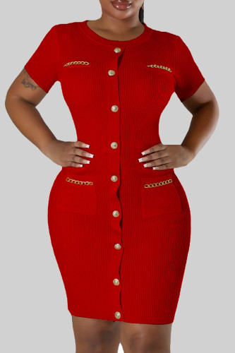 Red Casual Solid Patchwork Pocket O Neck Sheath Dresses