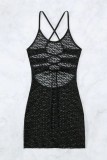 Black Sexy Solid See-through Cross Straps Swimsuit Beach Dress