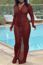 Braun-rote, sexy, feste Knöpfe, durchsichtiges Strandkleid mit Umlegekragen